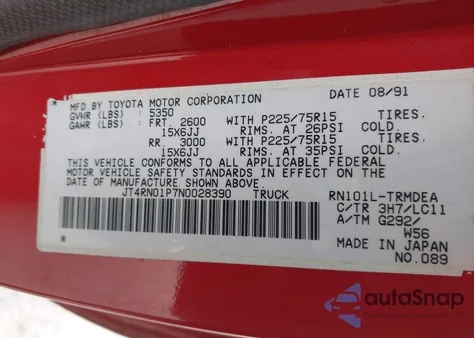 1992 Toyota Pickup 1/2 Ton Sht Wheelbase Dlx from USA, damaged, VIN JT4RN01P7N0028390